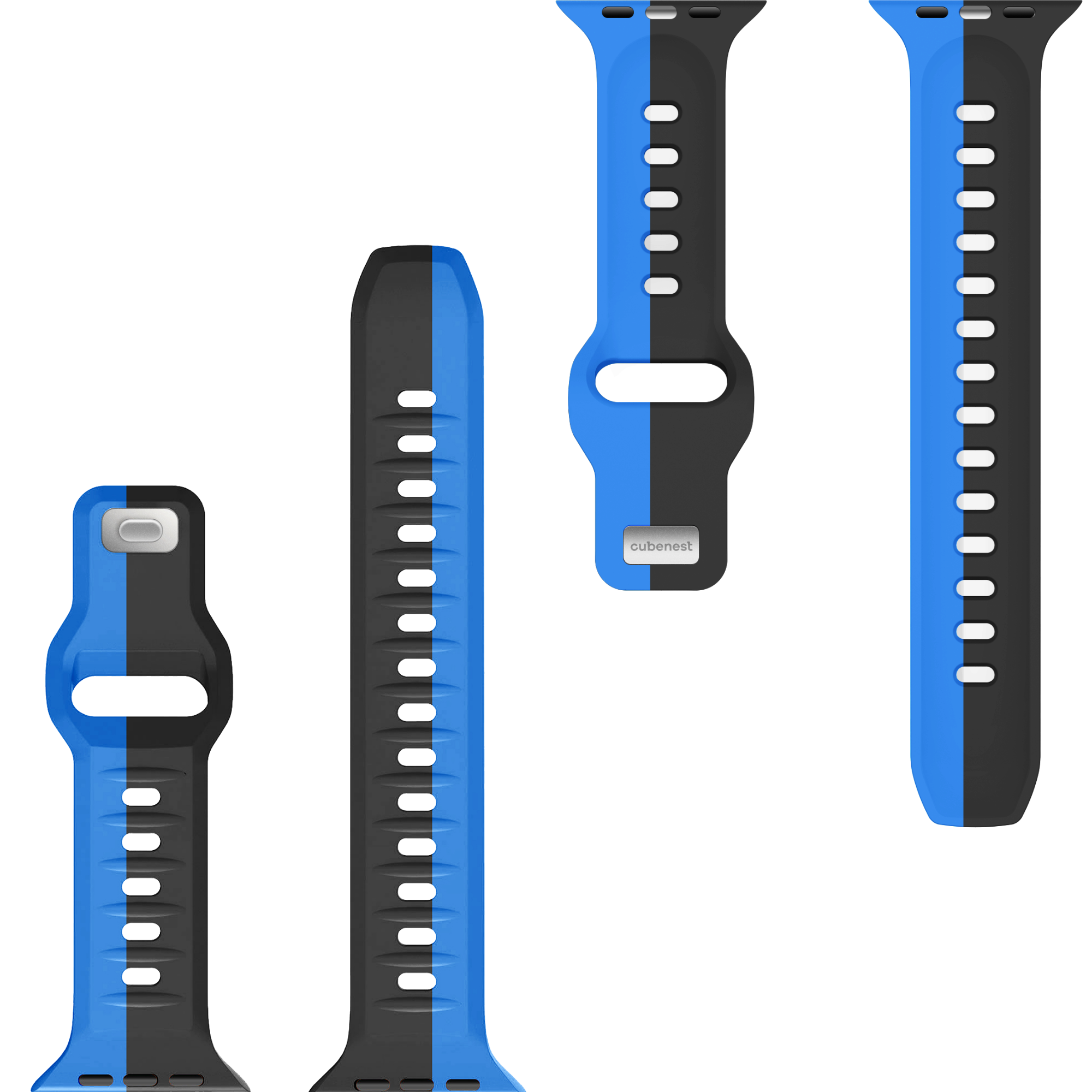 Vier Uhrenarmbänder, zwei schwarz und zwei blau. Sie sind mit weißen Punkten und einer Schnalle verbunden.