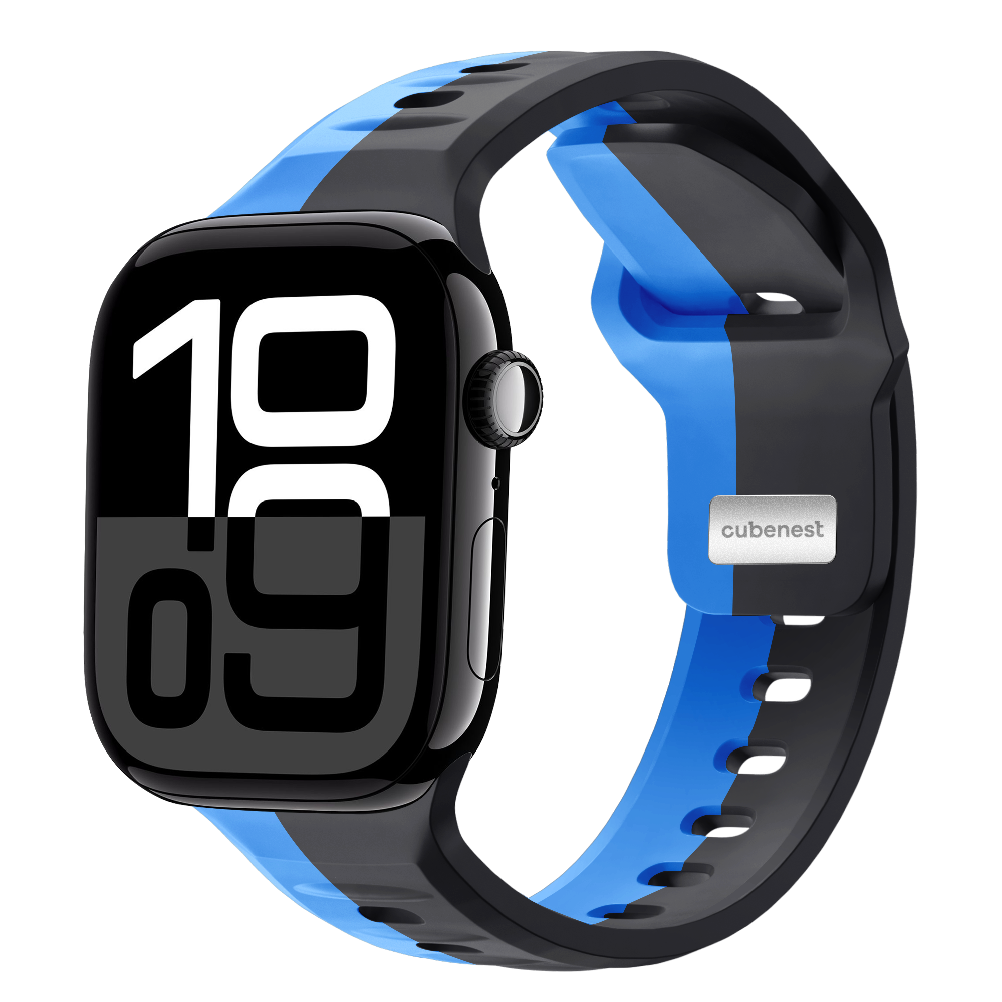 Smartwatch mit schwarzem Bildschirm, der 10:09 anzeigt. Blaues und schwarzes Armband, Cubenest Logo.