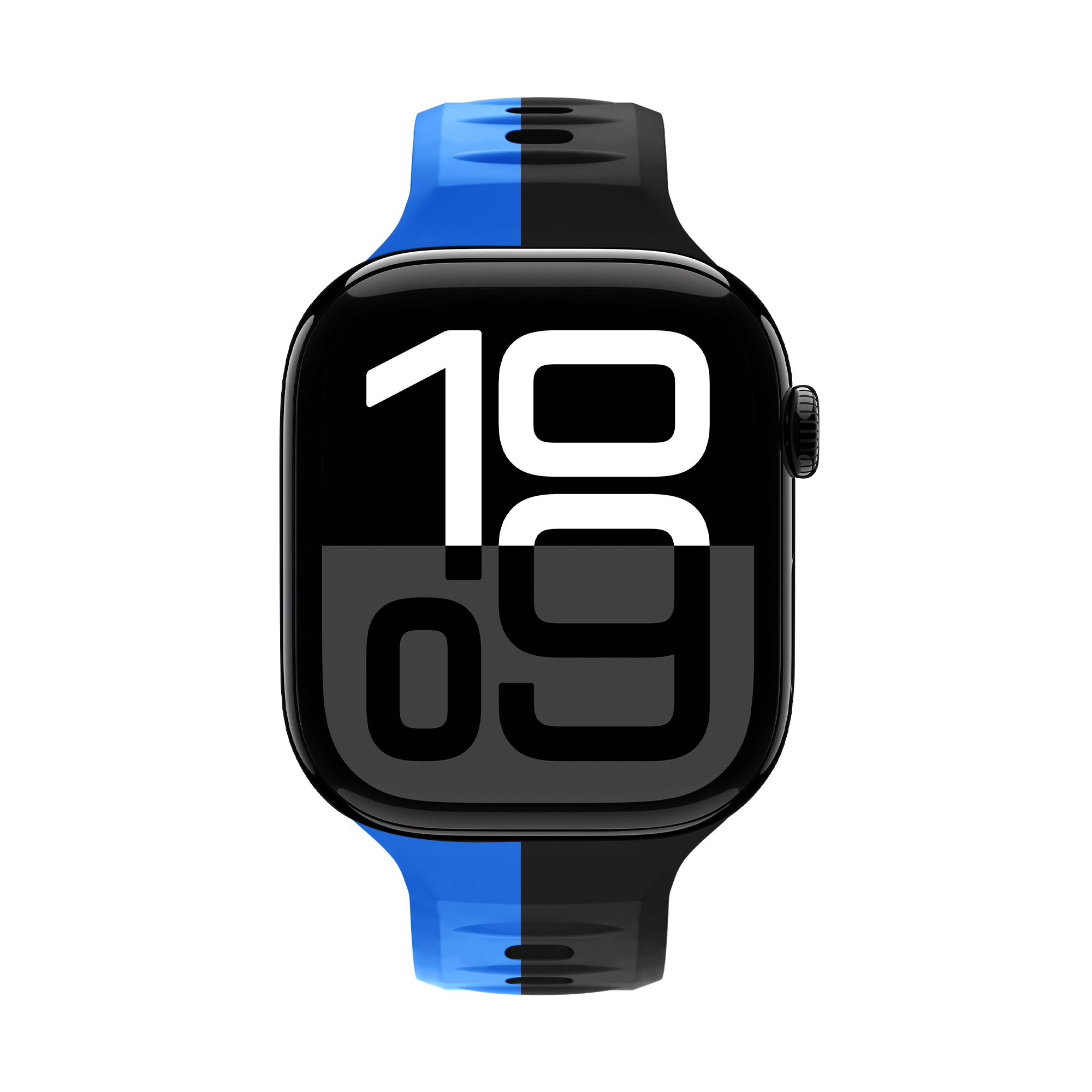 Smartwatch mit schwarzem Zifferblatt, das 10:09 anzeigt, mit einem zweifarbigen blau-schwarzen Armband.