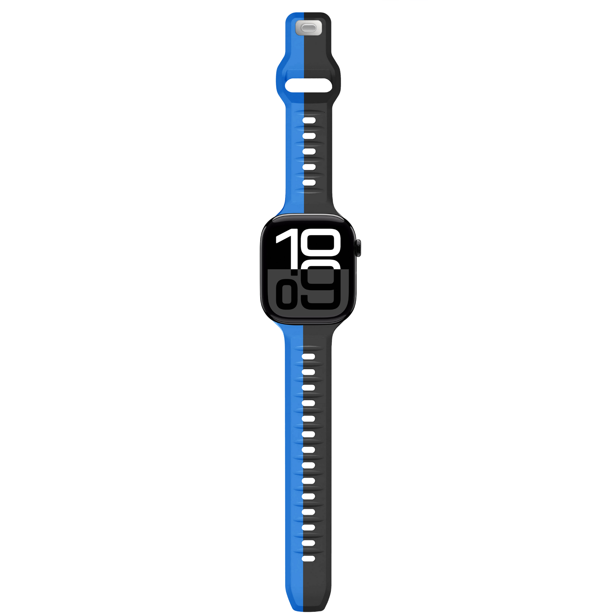 Eine Smartwatch zeigt Daten auf dem Bildschirm an. Das Band ist schwarz und weiß. Die Uhrzeit ist 10:09.