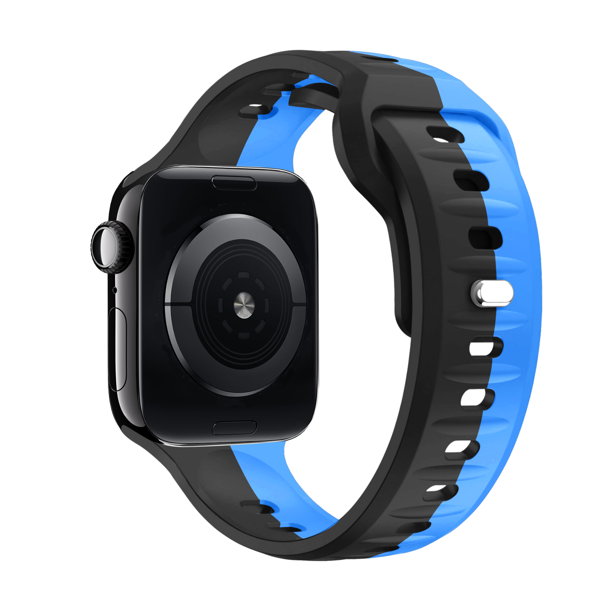 Schwarze Apple Watch mit blauem und schwarzem Armband, Draufsicht.