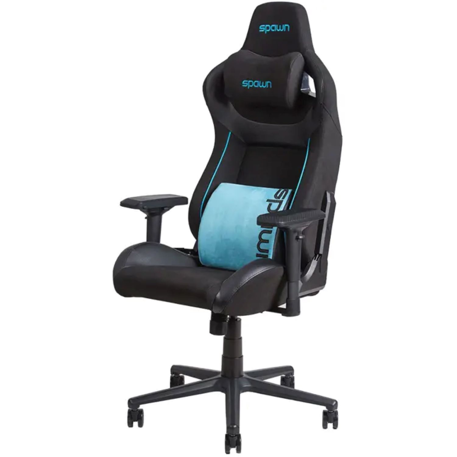 Schwarzer Gaming-Stuhl mit blauen Akzenten, Kopfstütze und Lordosekissen.