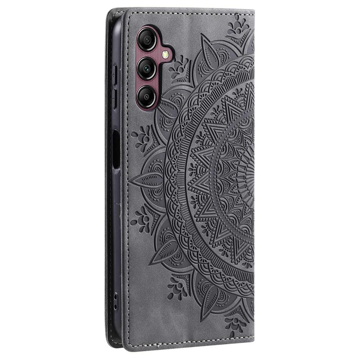 Graue Handyhülle mit Mandala-Design. Es hat einen Knopf und Kameraausschnitte.
