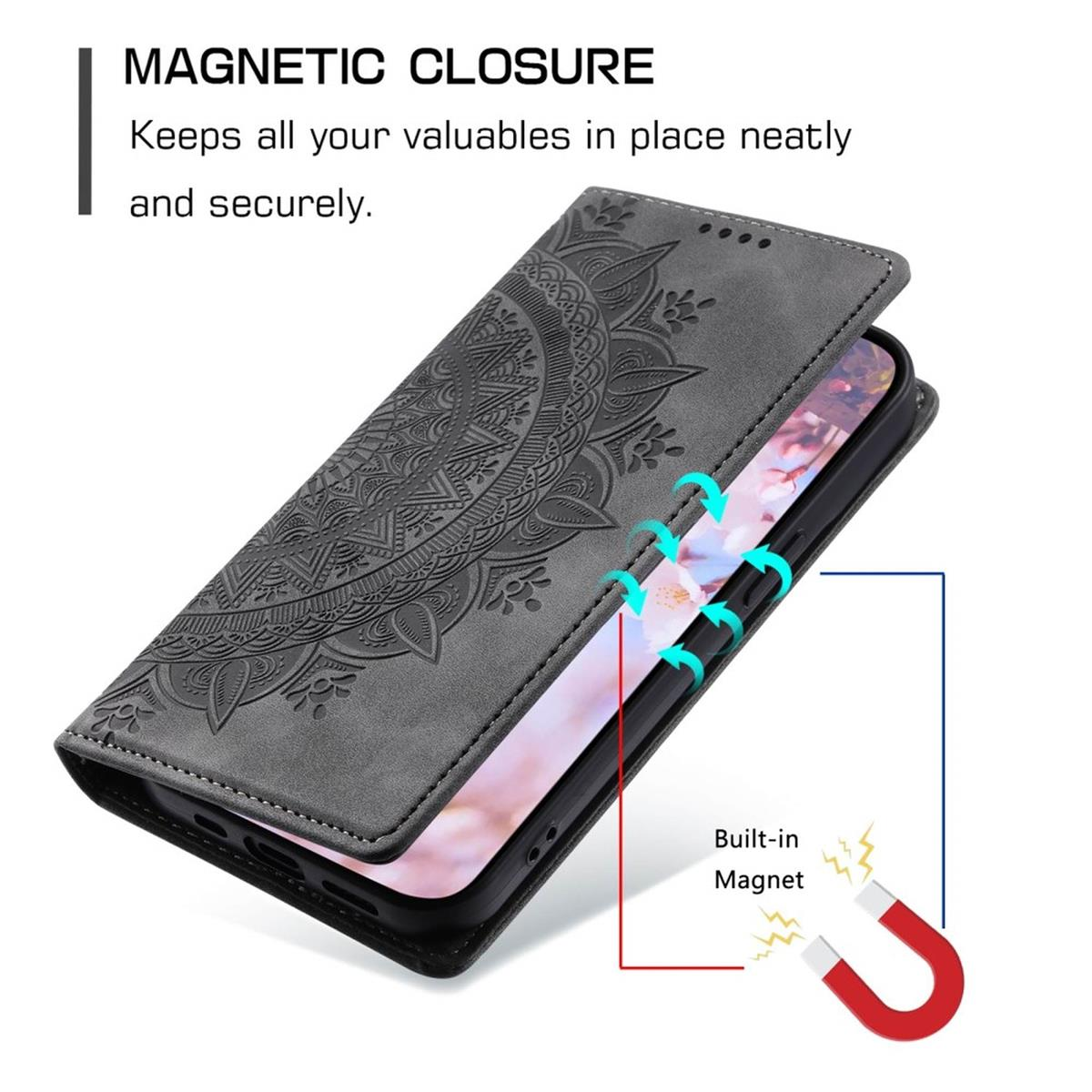 Eine graue Handyhülle mit dekorativem Design, geöffnet, um das Telefon und einen eingebauten Magneten zu zeigen.