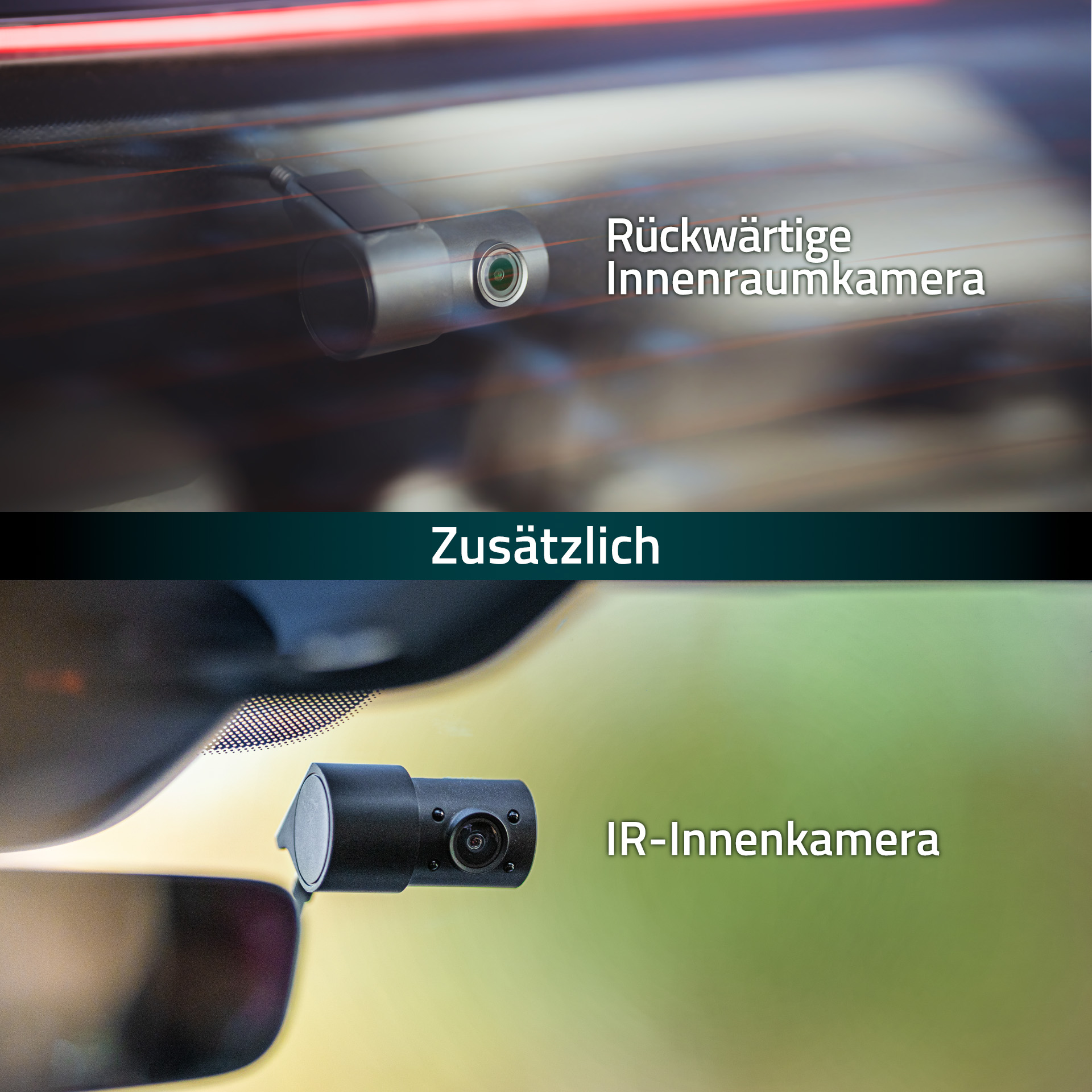 Zwei Autokameras, eine hintere Innenraumkamera und eine IR-Innenraumkamera, werden gezeigt.
