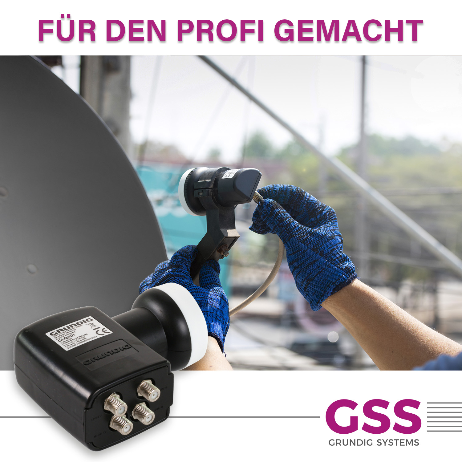 Eine Satellitenantenneninstallation, Hände mit Handschuhen verbinden Kabel.