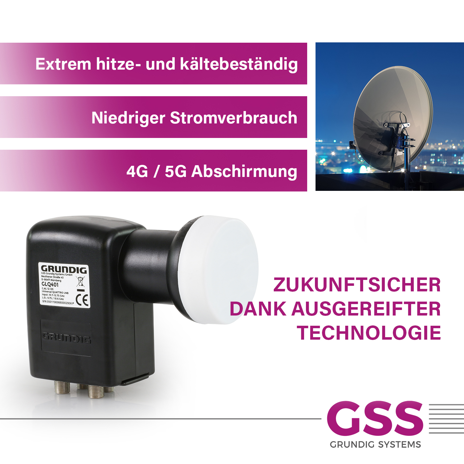 Satellitenschüssel und schwarzes Gerät mit Text. Texte sind auf Deutsch. Blauer Nachthimmelhintergrund.