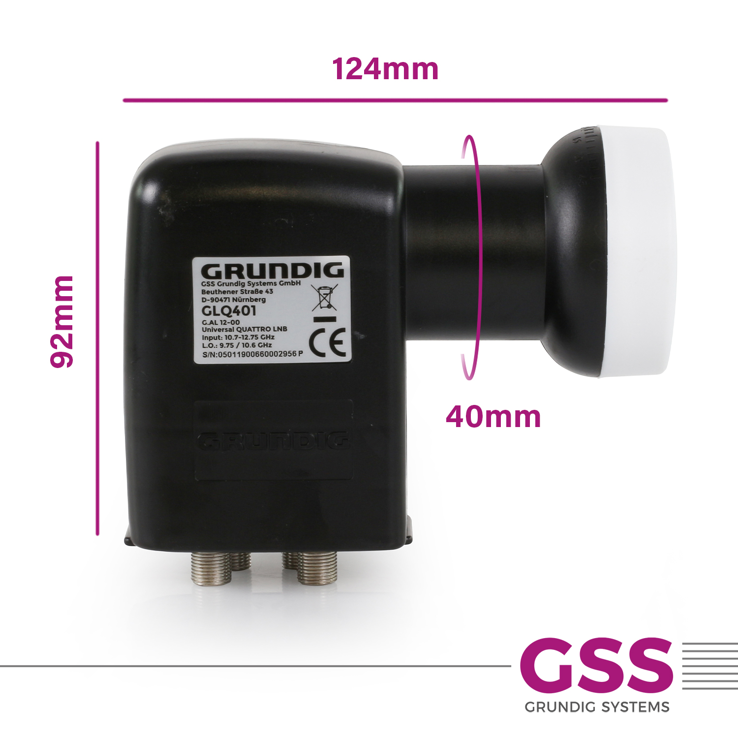 Schwarzes Grundig LNB mit Abmessungen und Text angezeigt.