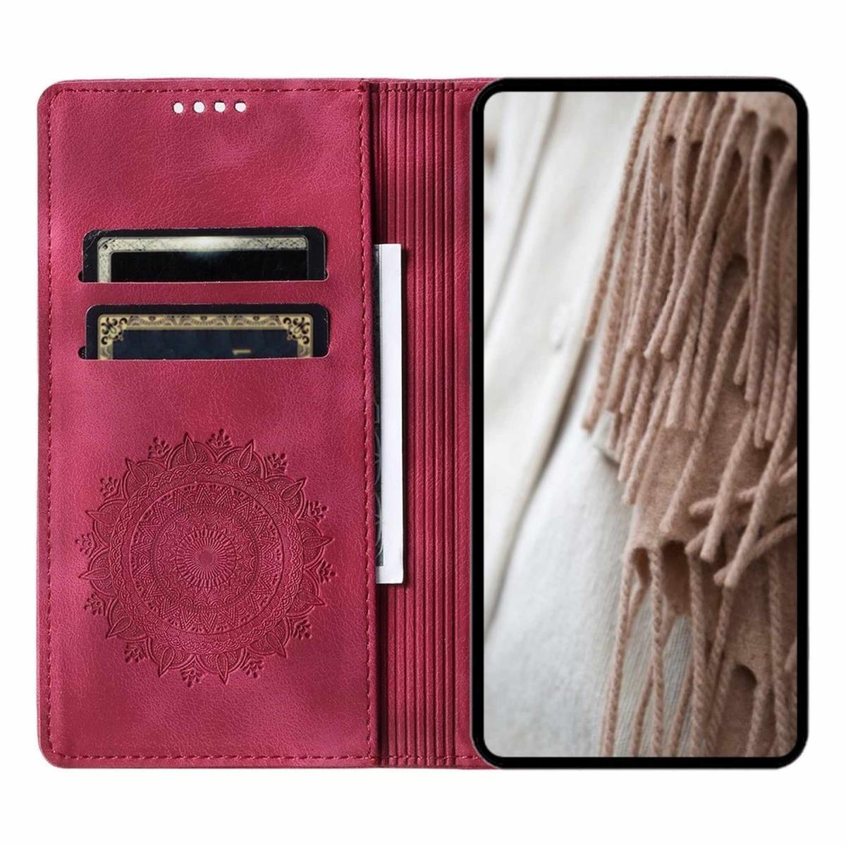 Rote Handyhülle mit Kartenfächern und Mandala-Design. Das Handy zeigt ein Schalbild.