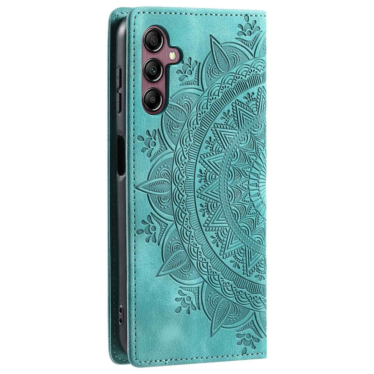 Türkisfarbene Handyhülle mit Mandala-Design, geöffnet, um das Telefon und die Kamera zu zeigen.