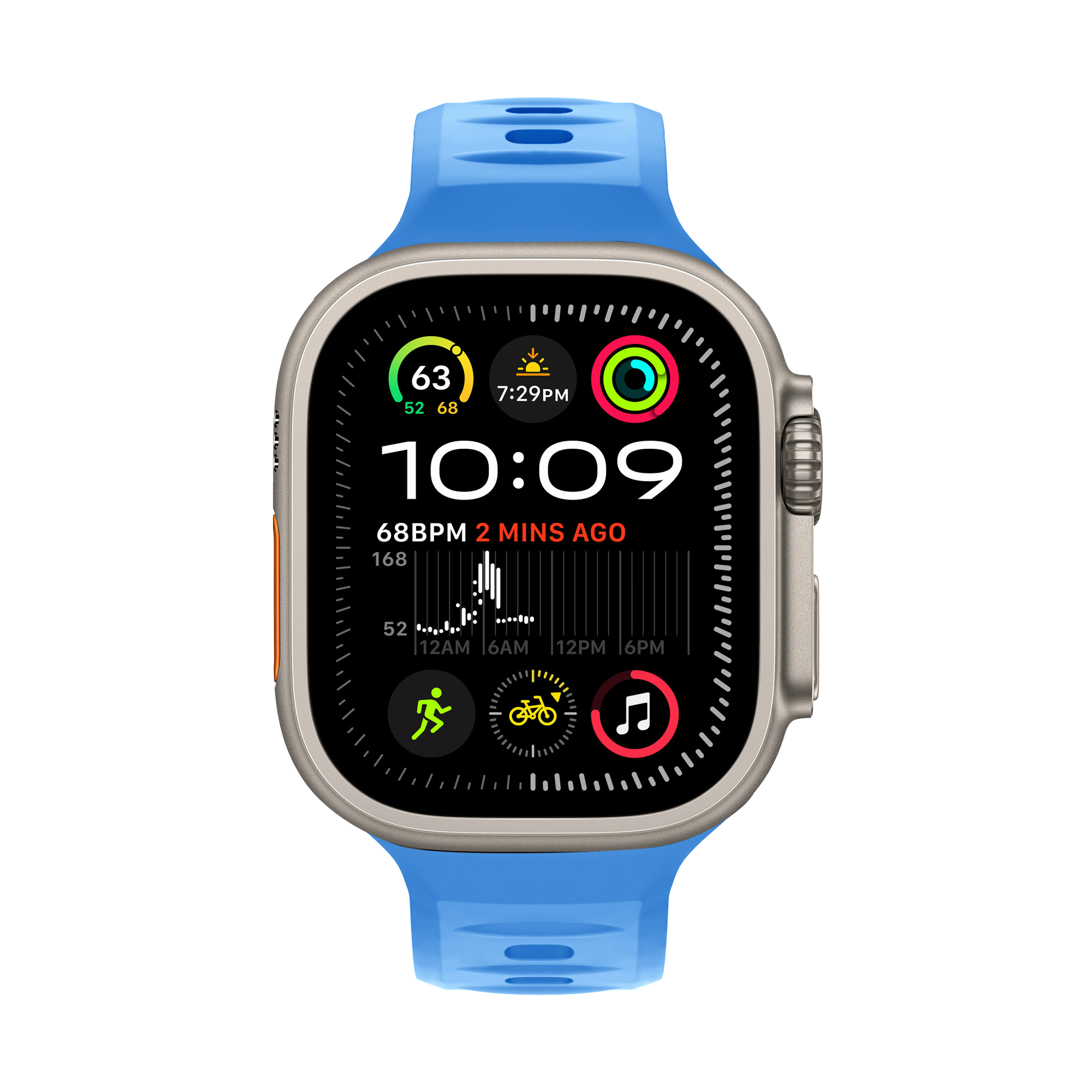 Silberne Smartwatch mit blauem Armband. Die Uhr zeigt Zeit- und Fitnessdaten an.