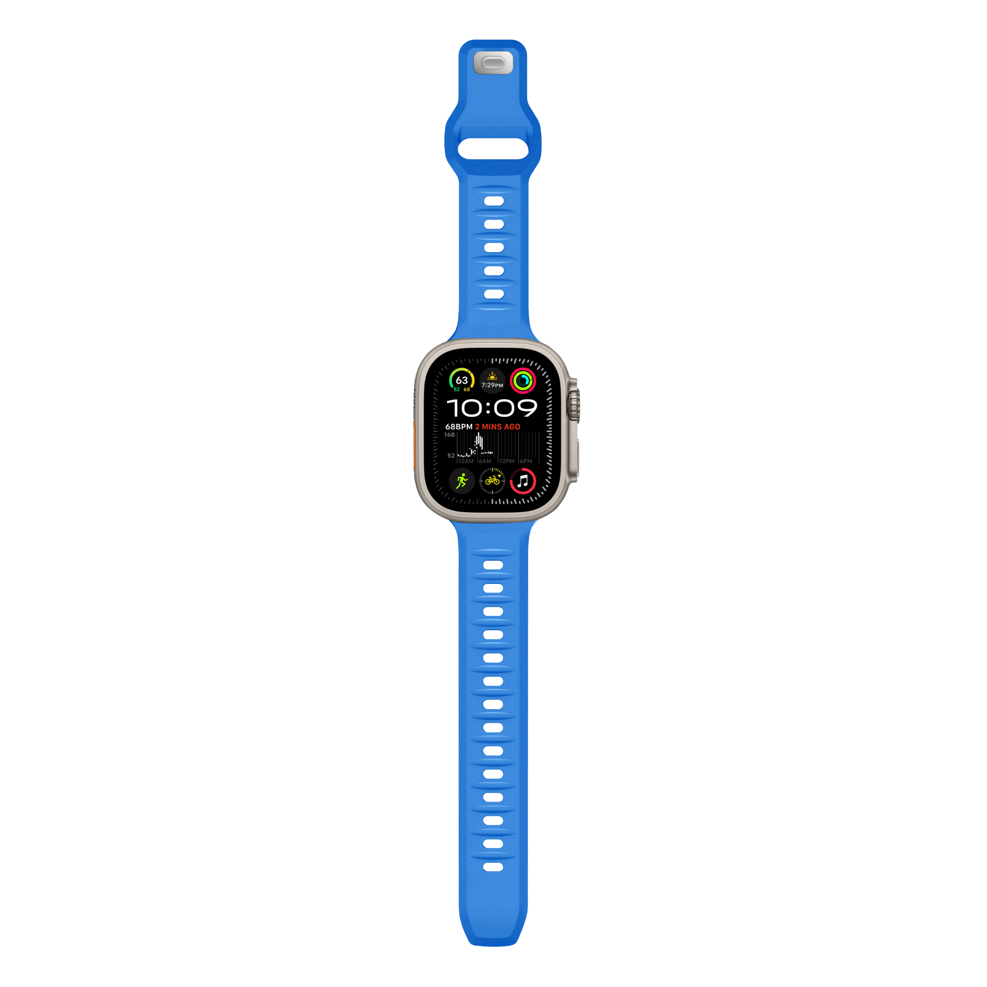 Silberne Smartwatch mit blauem Band, zeigt Zeit und Daten an.