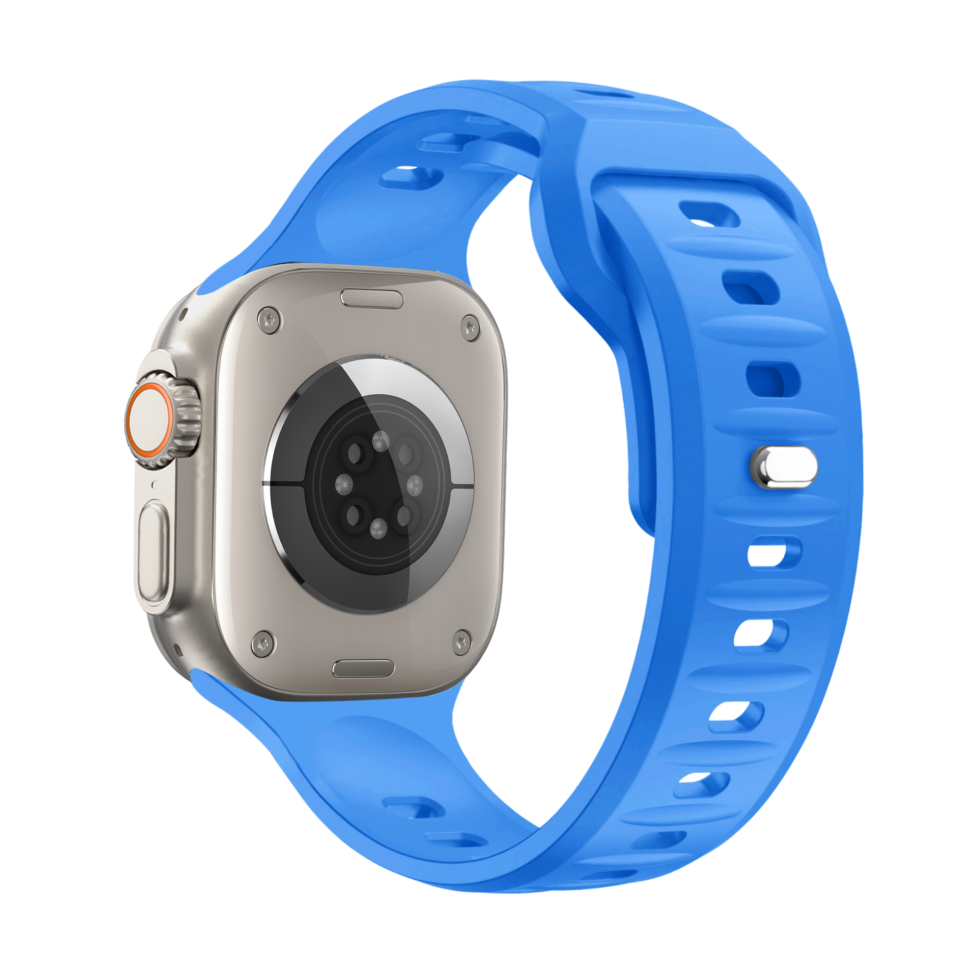 Eine silberne Smartwatch mit blauem Armband, Nahaufnahme von hinten.