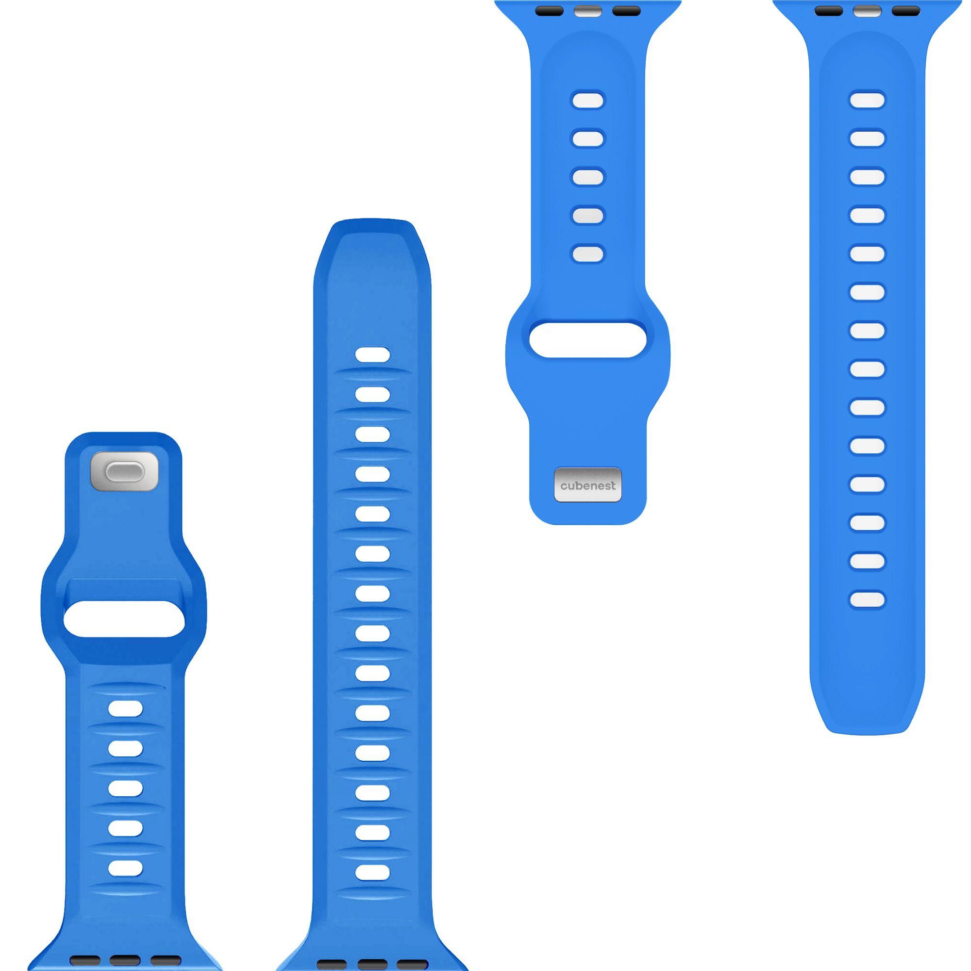 Vier hellblaue Uhrenarmbänder. Zwei sind ganz, zwei sind die Bandenden.