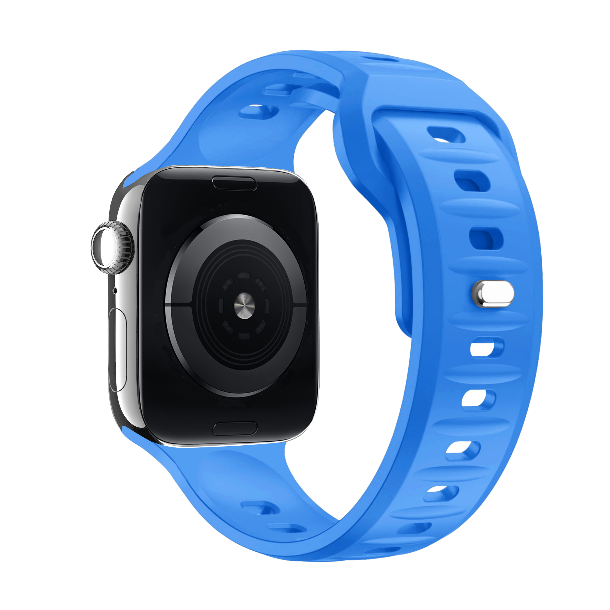 Ein blaues Armband um eine Smartwatch gewickelt, der Bildschirm ist schwarz.