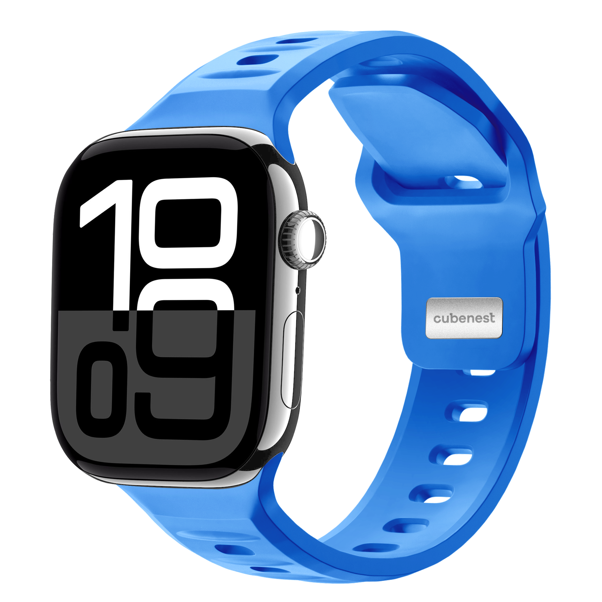 Eine Smartwatch mit blauem Armband. Das Zifferblatt zeigt die Uhrzeit, und ein Logo ist auf dem Band.