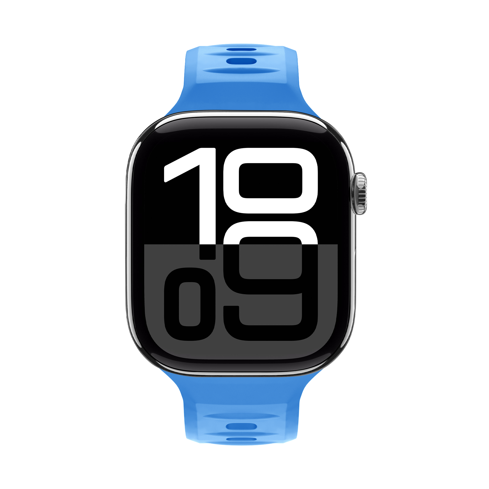 Eine blaue Smartwatch mit schwarzem Bildschirm zeigt die Zeit an, mit blauem Armband.