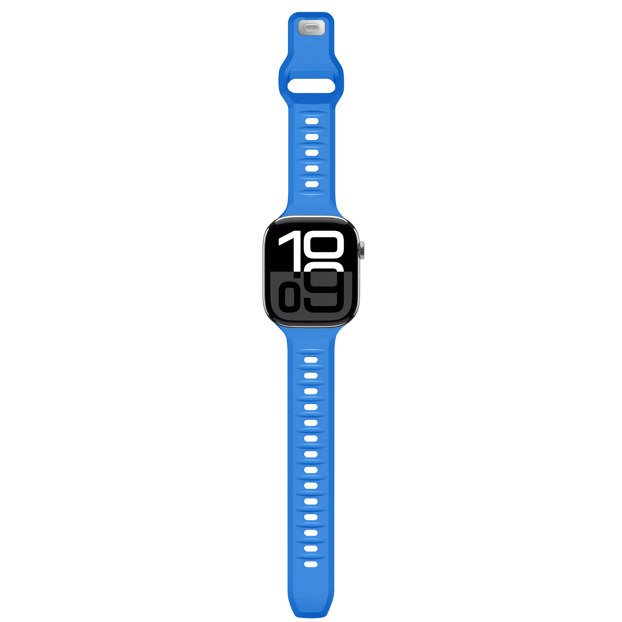 Eine blaue Smartwatch mit schwarzem Bildschirm, der die Uhrzeit anzeigt, isoliert auf weißem Grund.