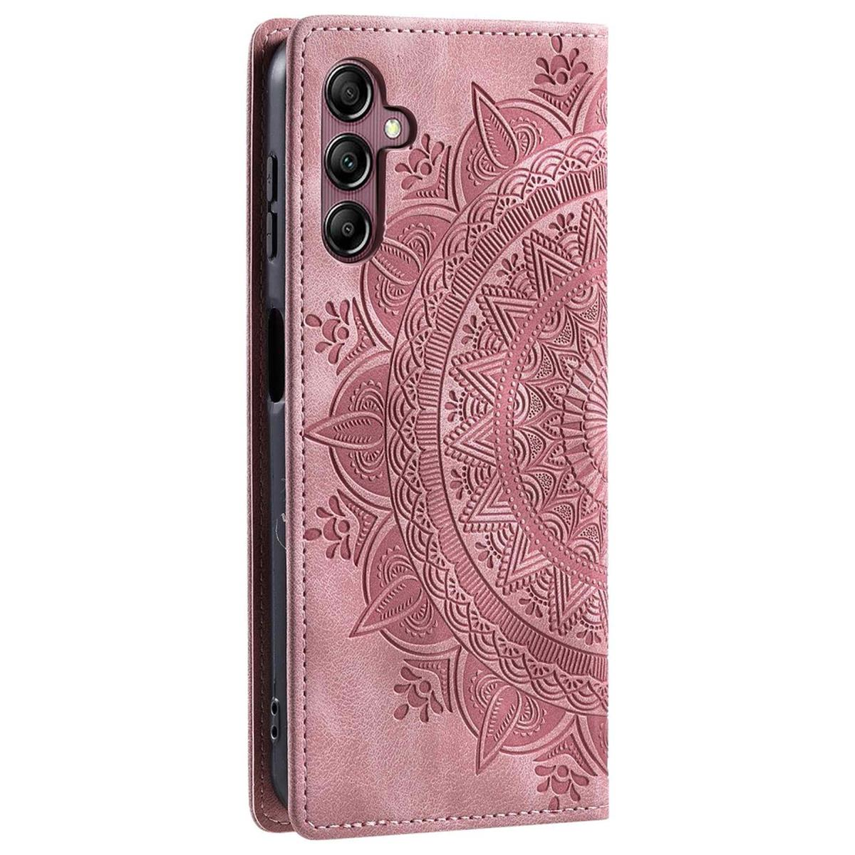 Eine rosa Handyhülle mit detailliertem Mandala-Design. Die Hülle bedeckt das Telefon und ist geöffnet.