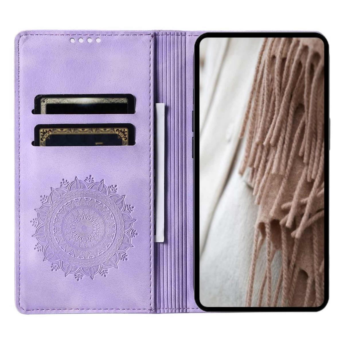 Lila Handyhülle mit Mandala-Design und Telefon mit Schalbild.