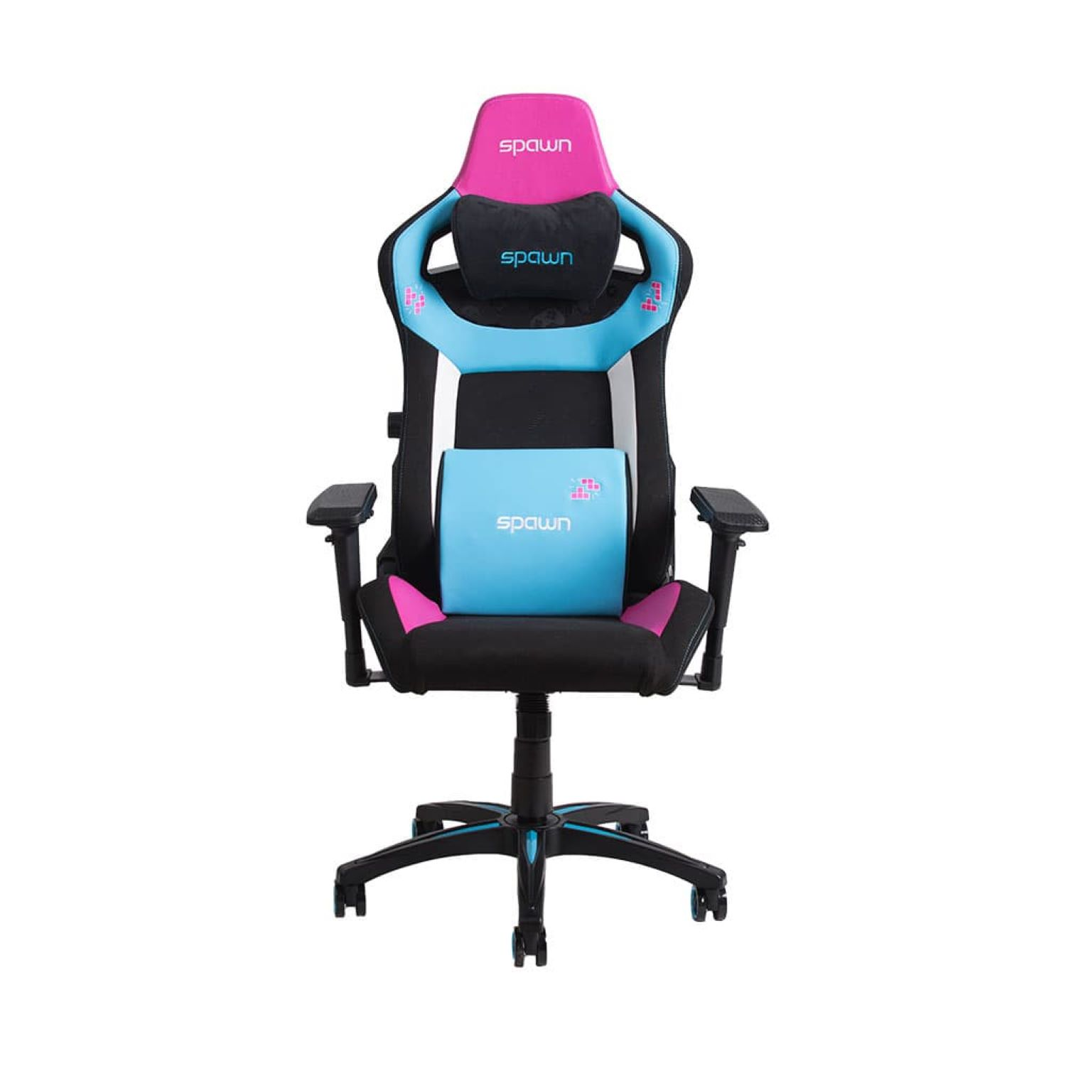 Ein pinker, blauer und schwarzer Gaming-Stuhl mit dem Wort 'spawn'.