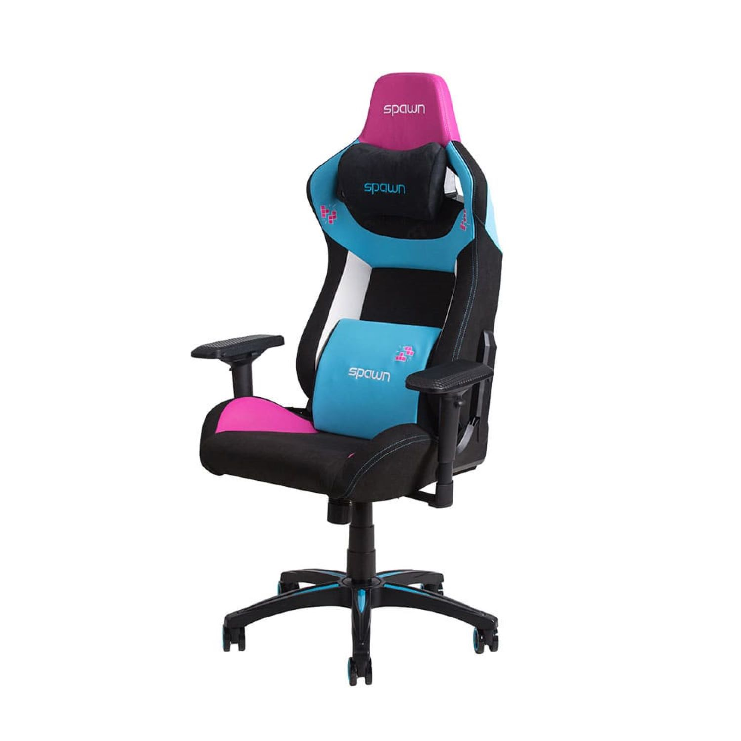 Gaming-Stuhl mit rosa und blauem Farbschema. Hat eine Kopfstütze, Rückenstütze, Armlehnen und ein schwarzes Gestell.