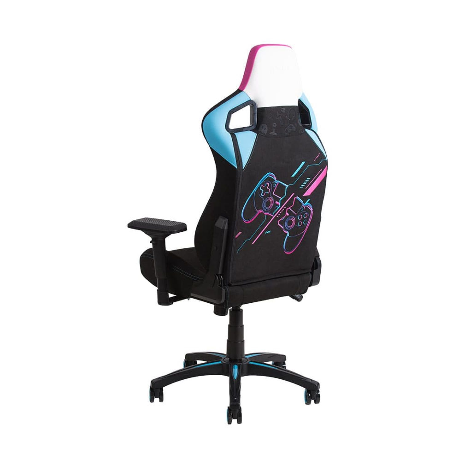 Gaming-Stuhl in Schwarz mit blauen und rosa Akzenten. Die Rückseite hat ein Controller-Design.