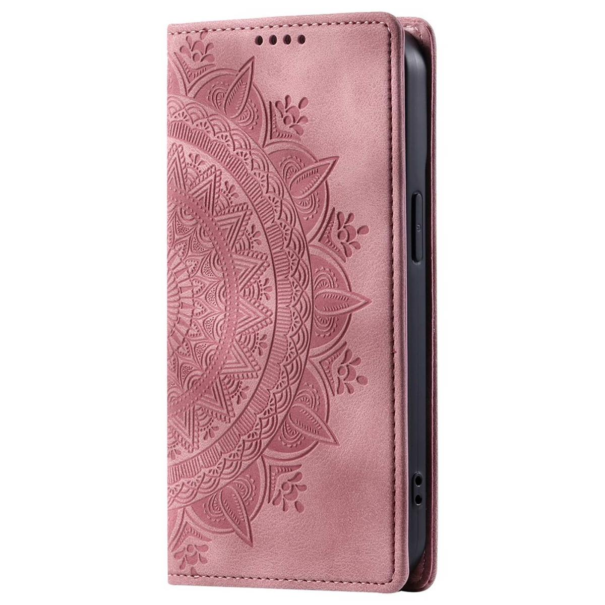 Eine rosa Handyhülle mit geprägtem Mandala-Design, geöffnet, um ein schwarzes Handy zu zeigen.