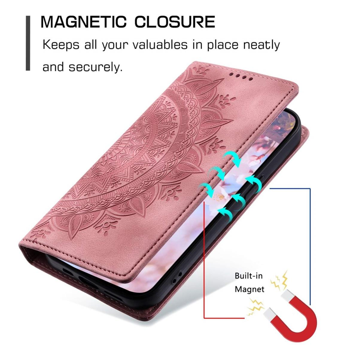 Eine rosa Handyhülle mit Magnetverschluss und floralem Design.