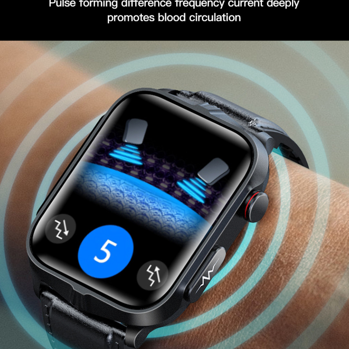 Eine Smartwatch, die eine blaue, leuchtende Oberfläche an einem Handgelenk zeigt, mit Text zur Blutzirkulation.