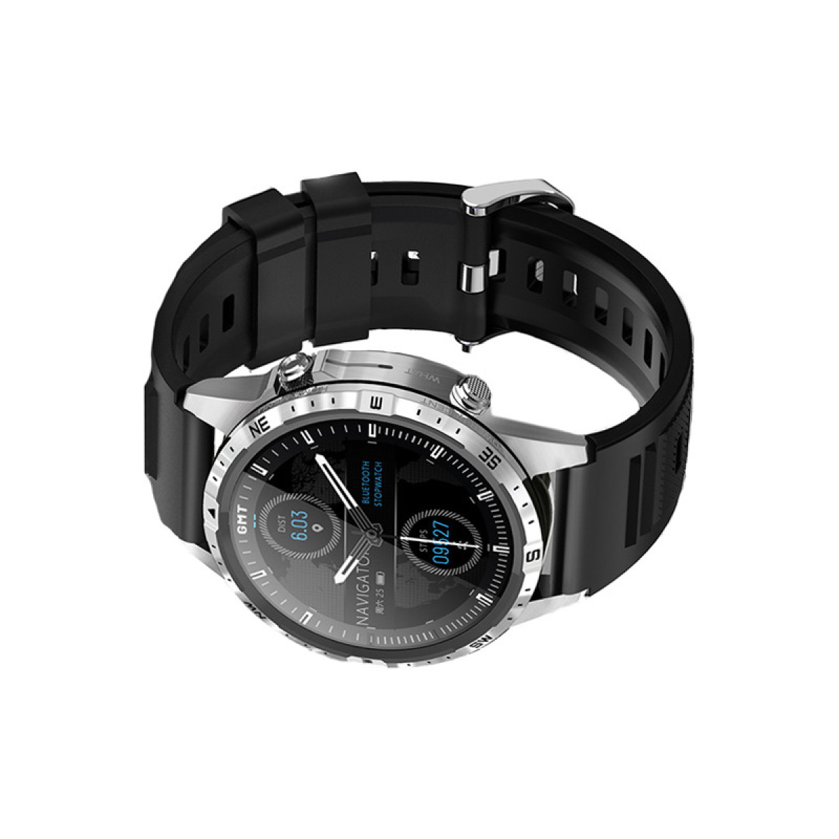 A silver watch with a black band, showing time and other data.
