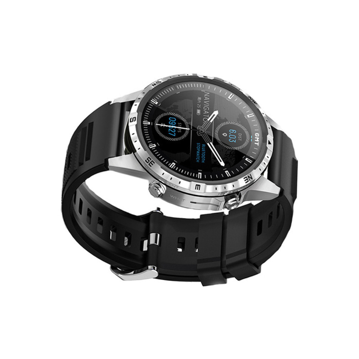 A black and silver smartwatch with a black strap. Displays time and other metrics.