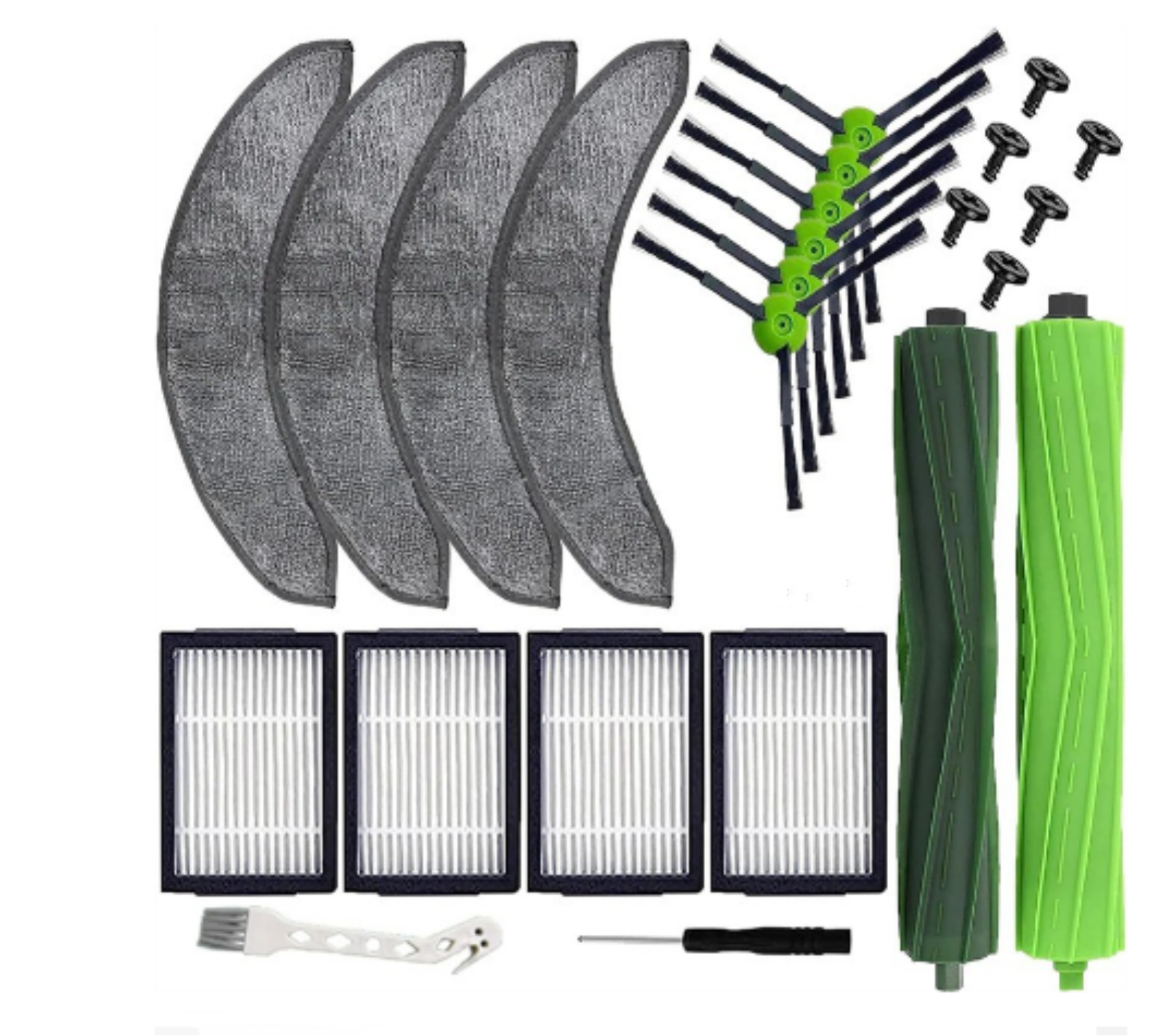 Akcesoria do robota sprzątającego: mopy, szczotki, filtry, śruby i narzędzia, na białym tle.