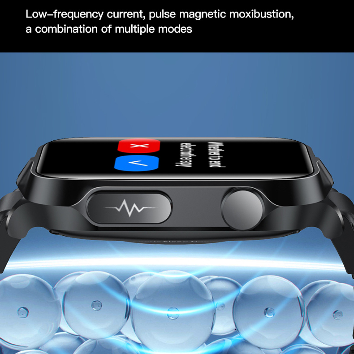 Smartwatch-Bildschirm zeigt Therapieoptionen. Blauer Hintergrund.