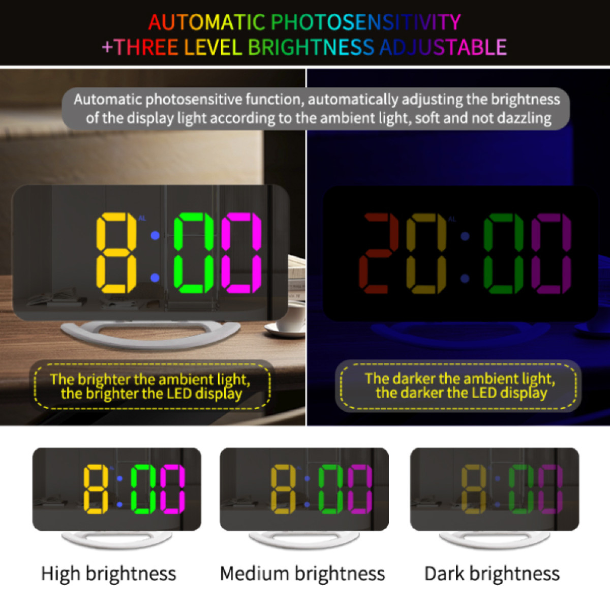 Digitale klok met displays in meerdere kleuren die de tijd tonen. Het heeft helderheidsinstellingen.