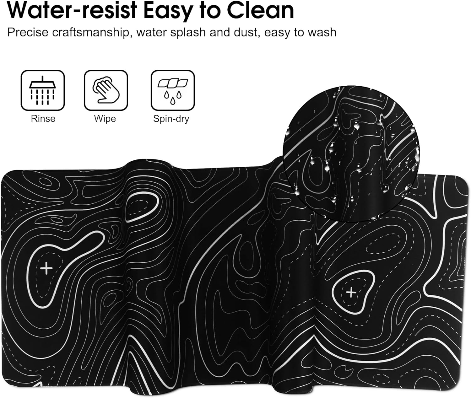 Czarna podkładka pod mysz z białymi liniami konturowymi i ikonami płukania, wycierania i wirowania.