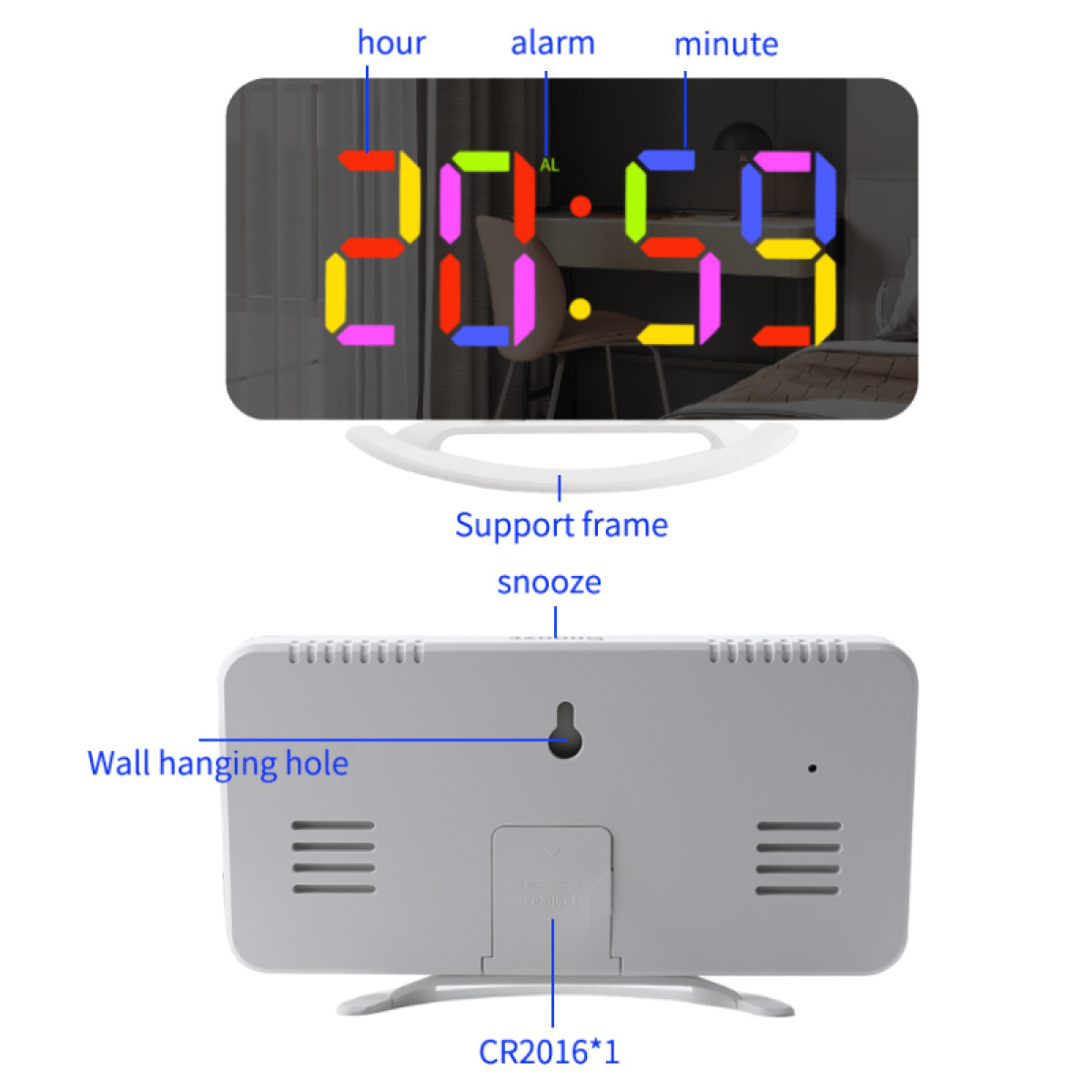 Een witte digitale klok die 20:59 weergeeft met labels voor uur, alarm en minuut.
