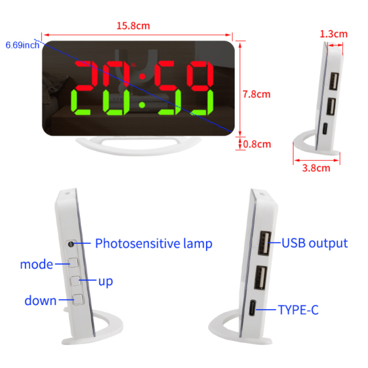 Digitale wekker. Geeft de tijd weer: 20:59 in groen en rood. Heeft USB-uitgang en type-c ingang.