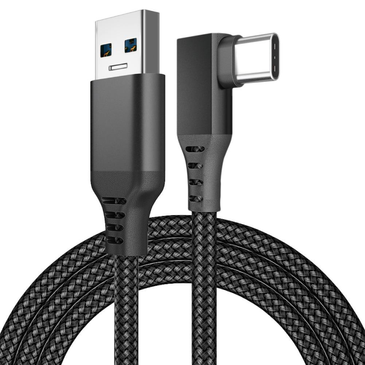 Cavo da USB a USB-C nero. Cavo nero, connettore angolato. Sfondo bianco.