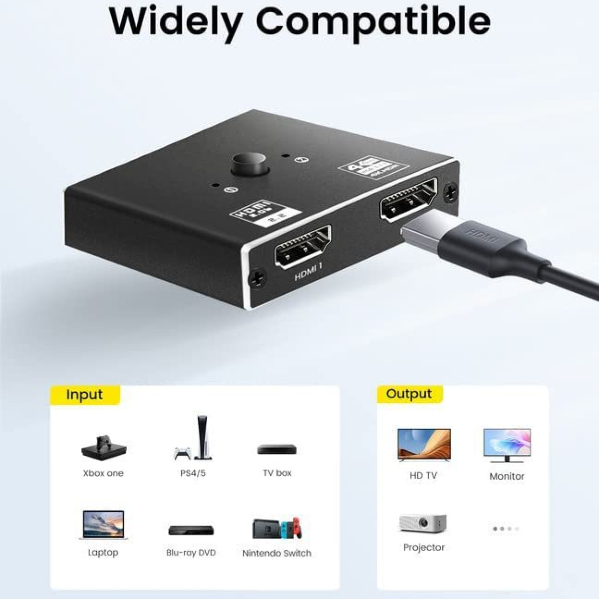 Czarny przełącznik HDMI z różnymi urządzeniami wejściowymi i wyjściowymi pokazanymi na schemacie.