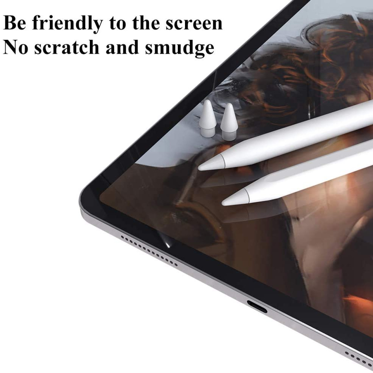 Uno schermo di tablet con uno stilo bianco e punte di penna, su sfondo bianco. Il testo recita: Sii amico dello schermo.