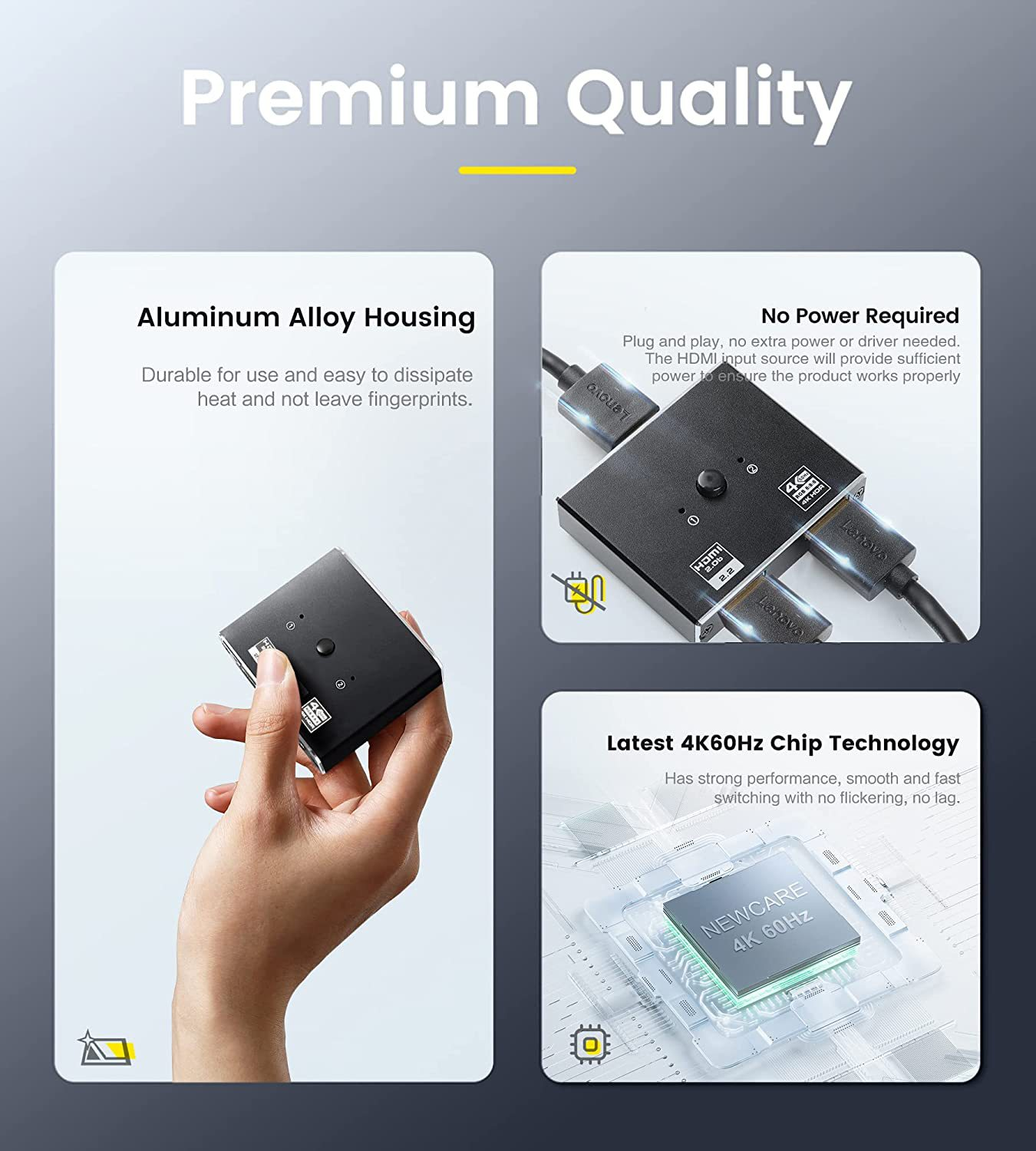 Wyświetlacz produktu z czarnym adapterem HDMI i tekstem opisującym jego funkcje, w tym technologię 4K60Hz.