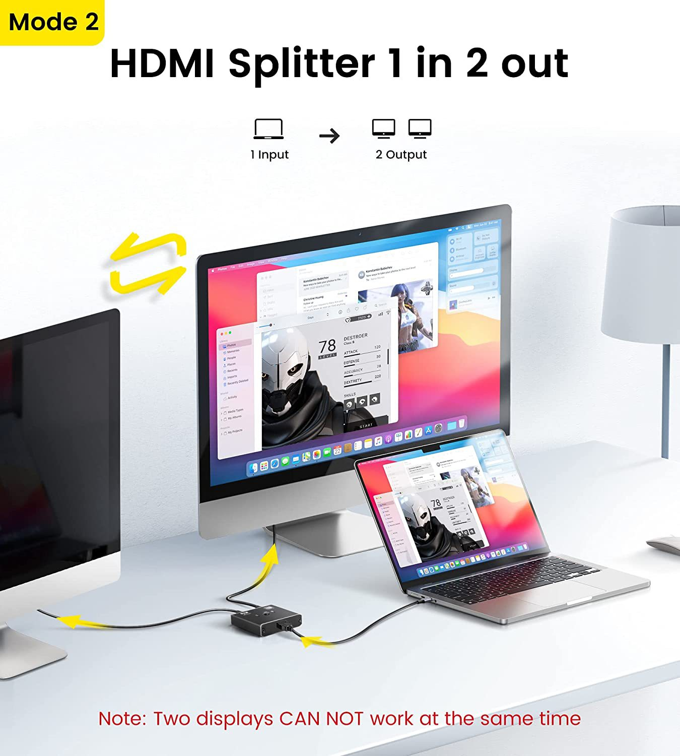 Konfiguracja rozdzielacza HDMI pokazująca jedno wejście na dwa wyjścia, z monitorami i laptopem.