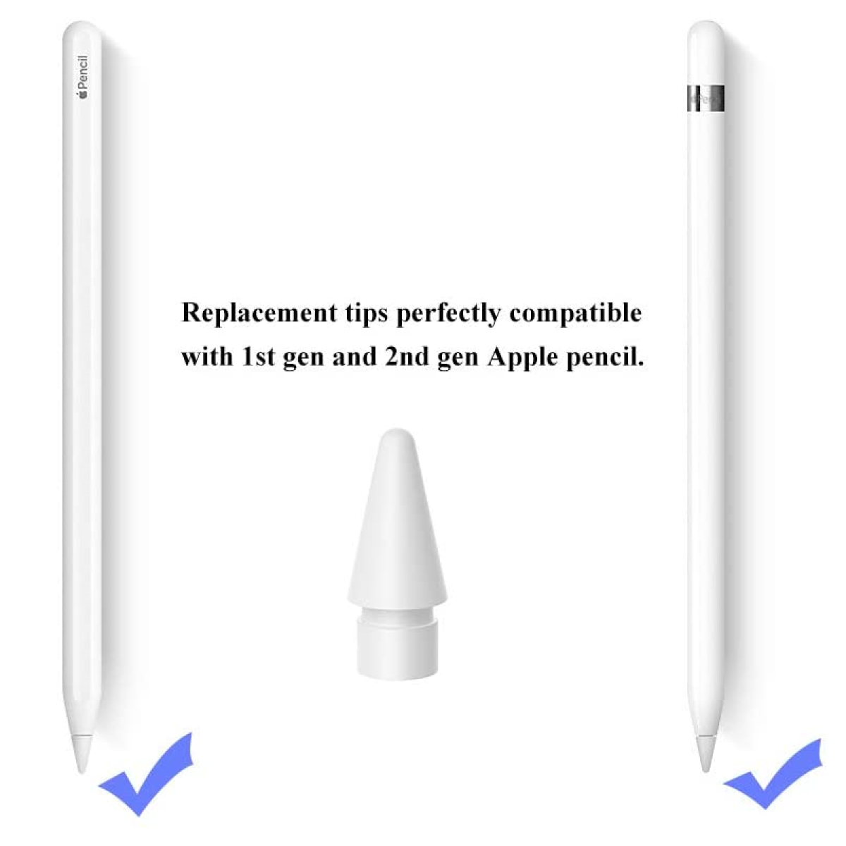 Due Apple pencil bianche e una punta di ricambio bianca accanto al testo. Spunte blu.