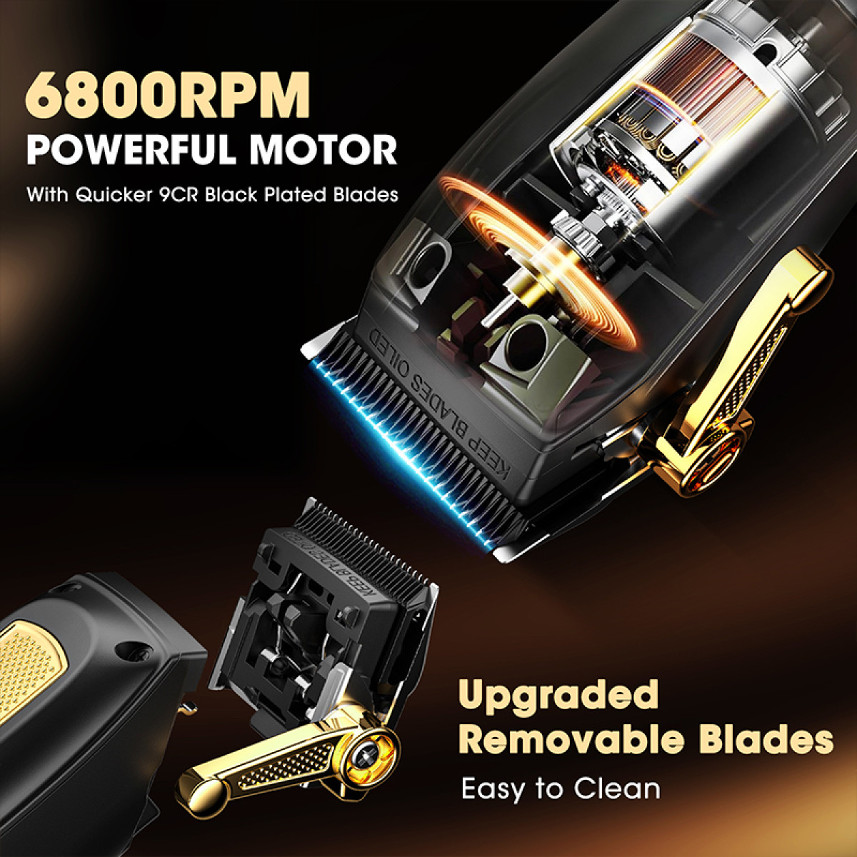 Maszynka do włosów z otwartymi częściami, tekst o mocnym silniku, czarno-złota kolorystyka.