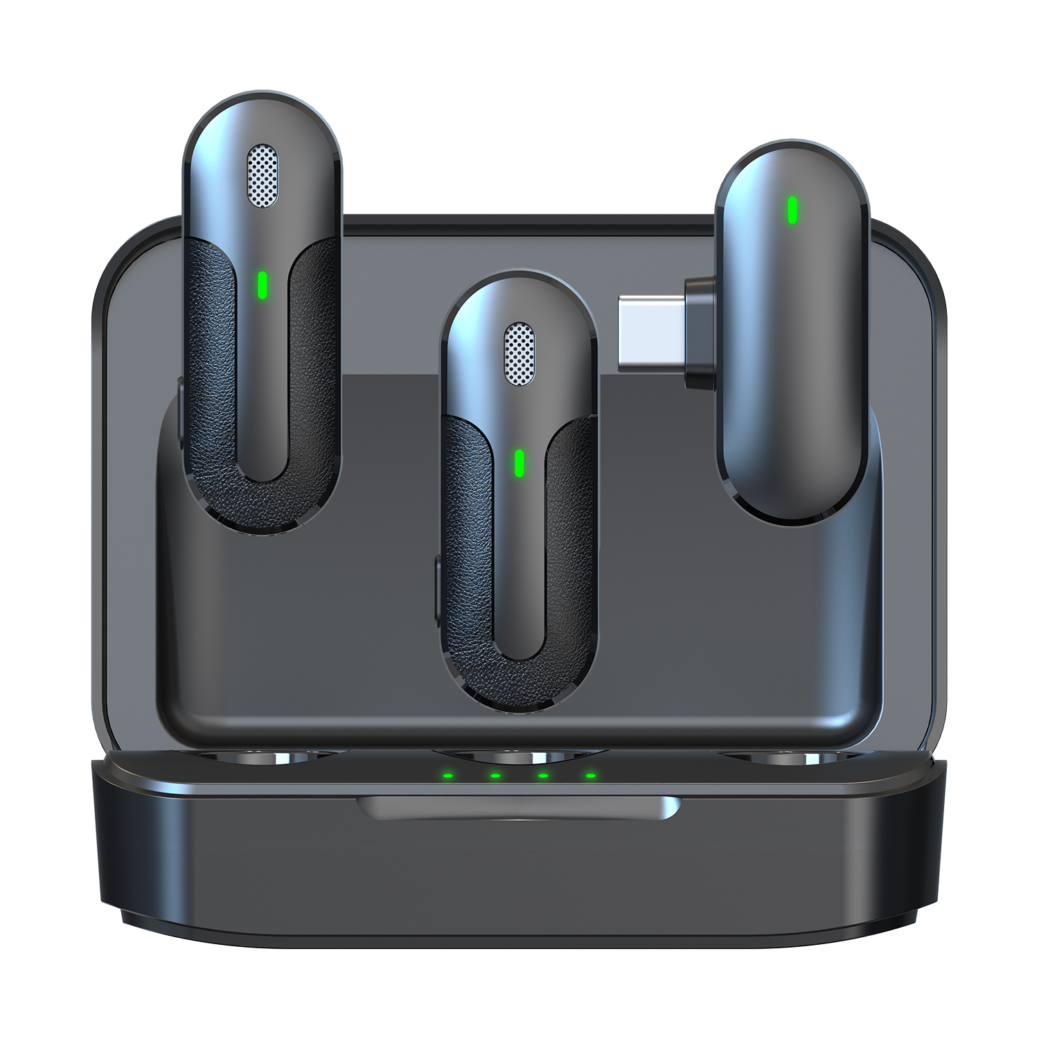 Czarne mikrofony bezprzewodowe i etui ładujące, z zielonymi światłami, białe tło.