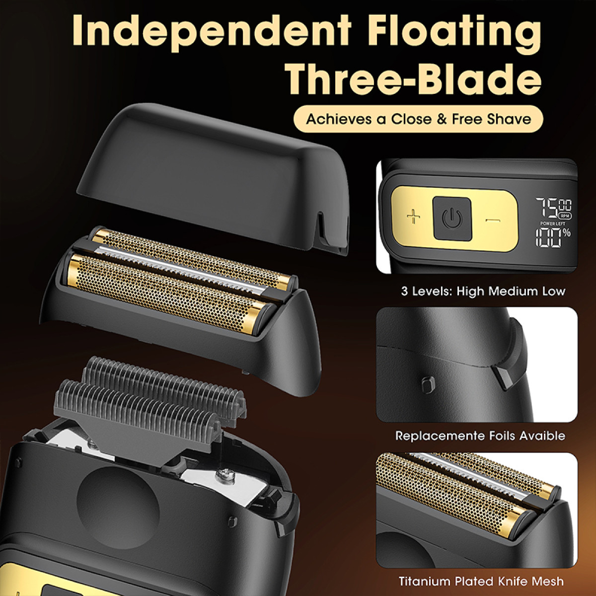 Golarka elektryczna z rozmontowanymi częściami. Tekst: Niezależne pływające trzy ostrza, dostępne folie wymienne, tytanowa siatka noży.