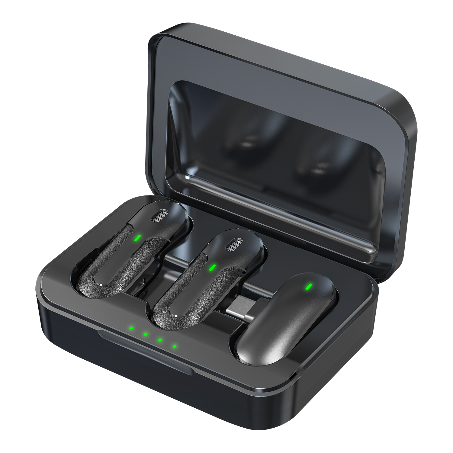 Trzy czarne mikrofony w etui ładującym. Zielone światła wskazujące ładowanie.
