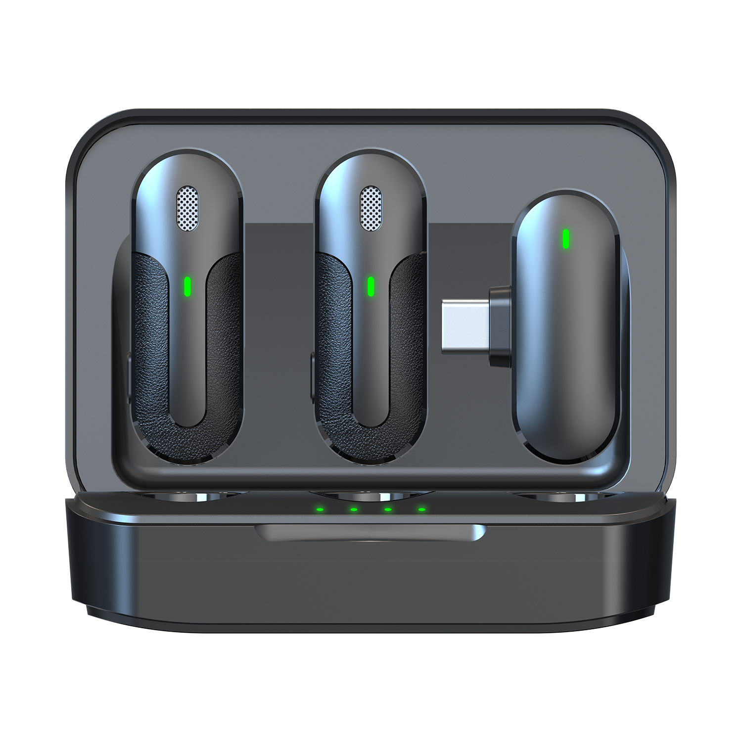 Etui ładujące z trzema mikrofonami bezprzewodowymi, każdy z zielonym wskaźnikiem zasilania.