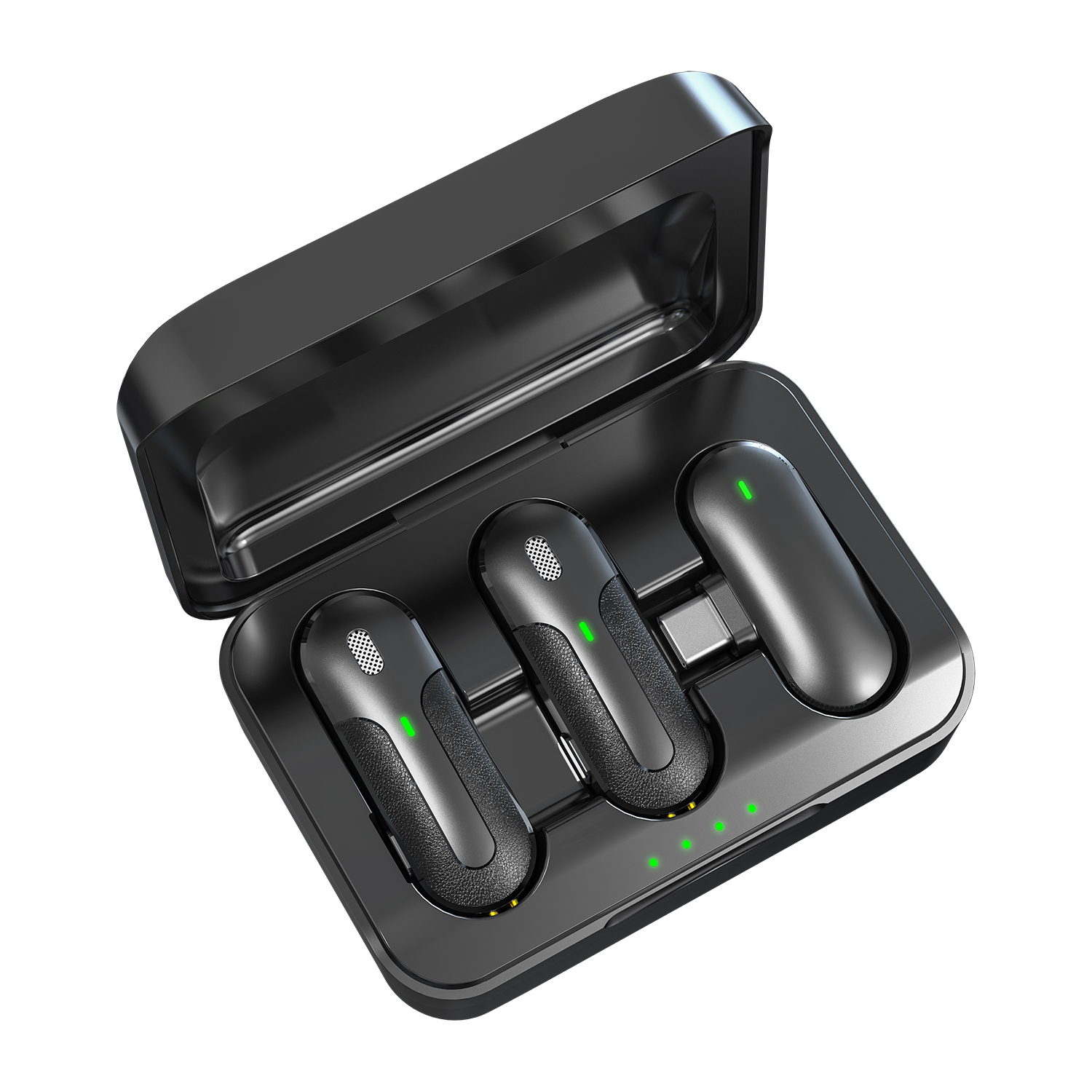 Trzy czarne mikrofony w etui ładującym. Zielone światła ładowania z przodu.